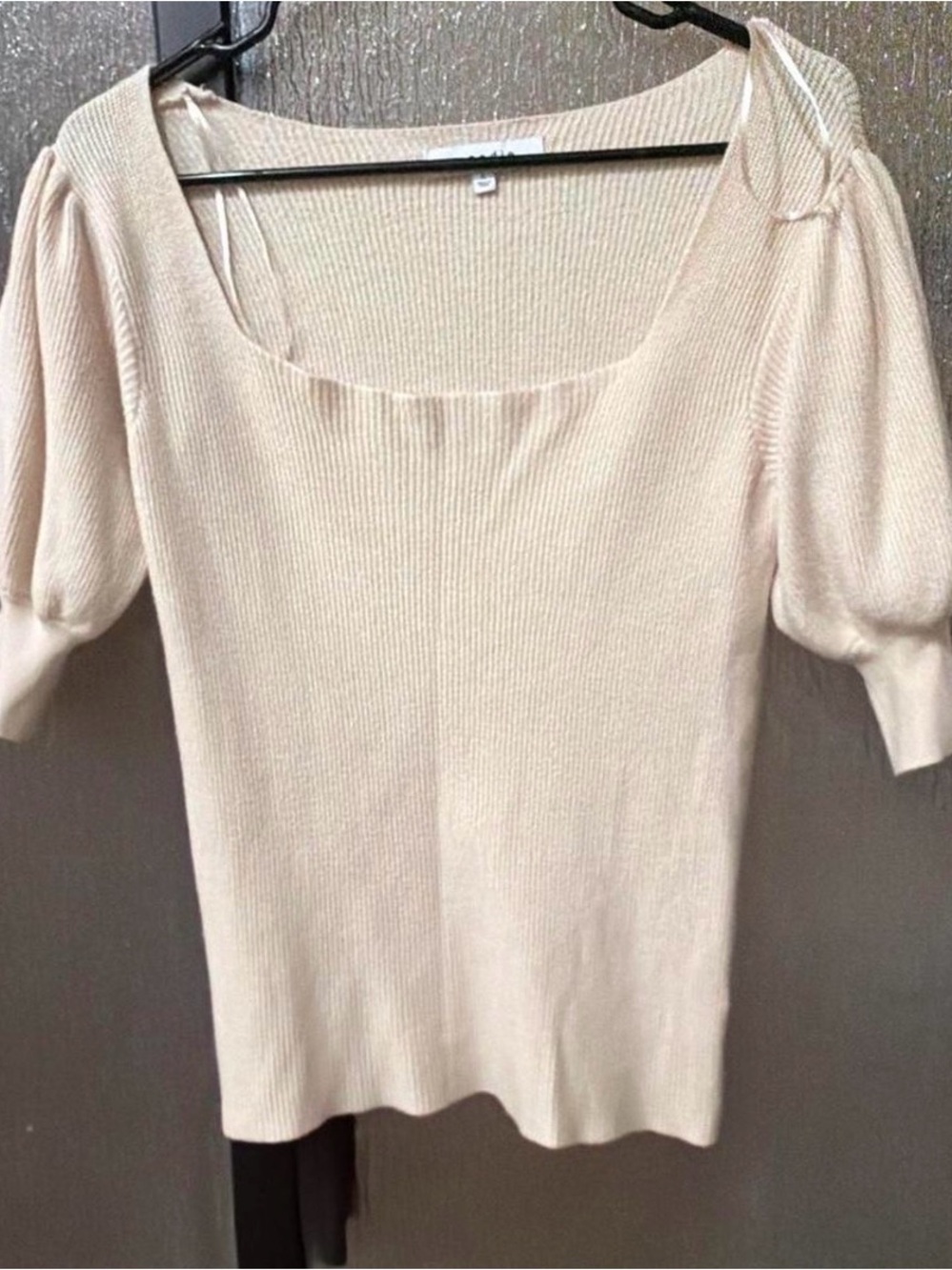 moodie Cream Square Neck Puff Sleeve Ribbed Top